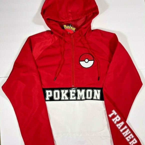 NEW Pokemon Trainer Half-Zip Hooded Anorak Windbreaker Jacket Red White Size SM - Picture 4 of 8